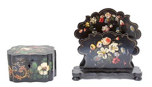 Two Victorian Polychromed and Ebonized Papier Mache Desk Articles Height of largest 8 1/2 x width 8 1/2 x depth 3 inches.