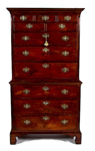 An American Chippendale Spanish Mahogany Chest on Chest Height 78 x width 41 1/2 x depth 21 3/8 inches.