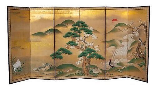 A Six-Panel Japanese Screen Height 69 x width 144 inches.