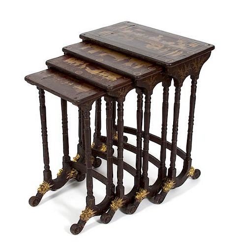 A Chinese Export Brown and Gilt Lacquer Set of Quartetto Tables Height 28 x width 21 3/4 x depth 13 1/4 inches.
