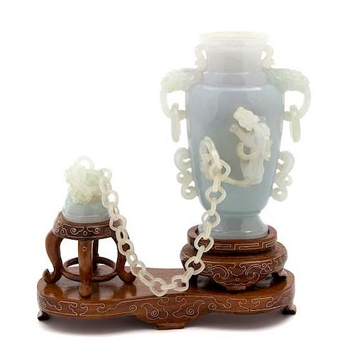A Chinese Carved Jadeite Censer on Stand Height 6 inches.