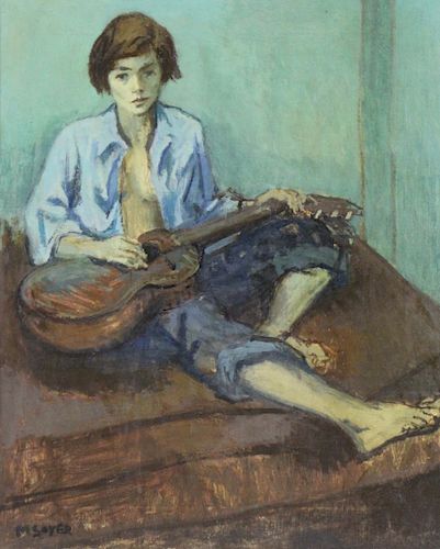 SOYER, Moses. Oil on Canvas. Woman with Guitar.