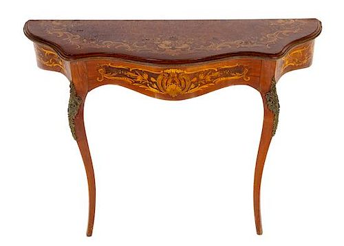 * A Louis XV Gilt Bronze Mounted Marquetry Console Table Height 29 x width 40 x depth 13 inches.