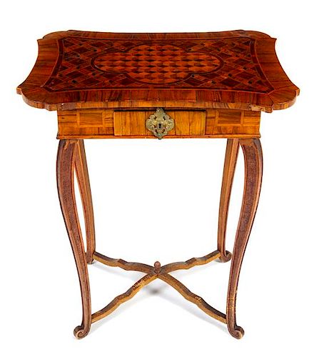 * A Louis XV Walnut and Parquetry Table Height 29 x width 25 x depth 17 inches.