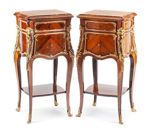 A Pair of Louis XV Style Gilt Bronze Mounted Kingwood Side Tables Height 32 x width 15 1/2 x depth 14 inches.