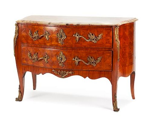 A Louis XV Style Gilt Bronze Mounted Parquetry Commode Height 33 x width 47 x depth 22 inches.