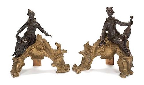 A Pair of Louis XV Style Gilt and Patinated Bronze Figural Chenets Width 11 1/2 inches.