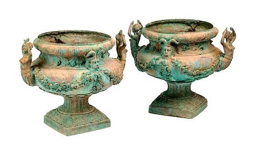 A Pair of Louis XV Style Bronze Planters Height 19 x width 24 x depth 19 inches.