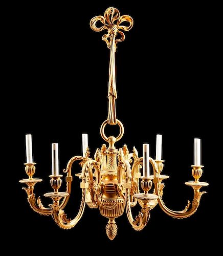 A Louis XV Style Gilt Bronze Six-Light Chandelier Height 37 x diameter 30 inches.