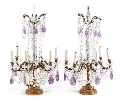 A Pair of Louis XV Gilt Bronze, Rock Crystal and Amethyst Girandoles Height 31 1/2 inches.
