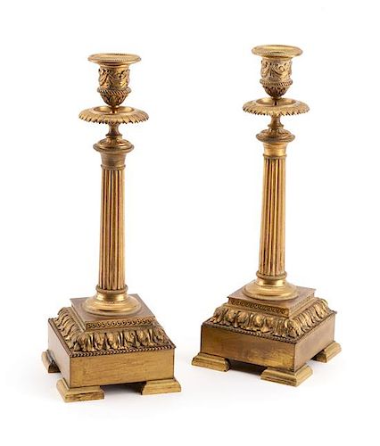 A Pair of Louis XVI Style Gilt Bronze Candlesticks Height 12 inches.