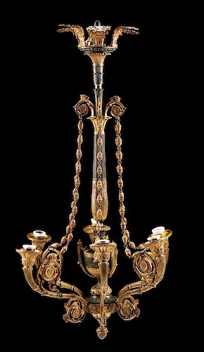 A Louis XVI Style Gilt Bronze and Tole Six-Light Chandelier Height 38 x diameter 20 inches.