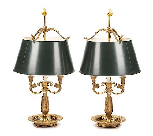 A Pair of Empire Style Gilt Bronze Four-Light Bouillotte Lamps Height overall 29 inches.
