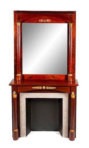 An Empire Style Gilt Bronze Mounted Mahogany Mantel Overall: height 99 1/2 x width 53 x depth 14 inches.