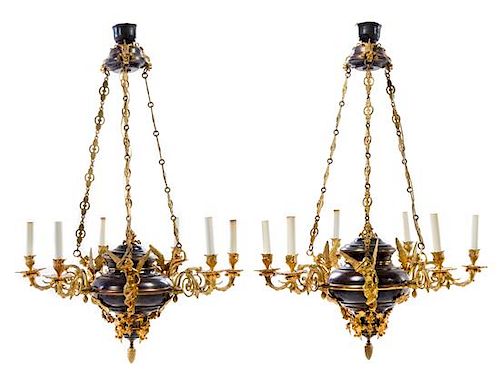 A Pair of Empire Style Gilt and Patinated Bronze Six-Light Chandeliers Height 40 x diameter 25 inches.