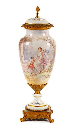 A Sevres Style Gilt Bronze Mounted Porcelain Vase and Cover Height 29 inches.