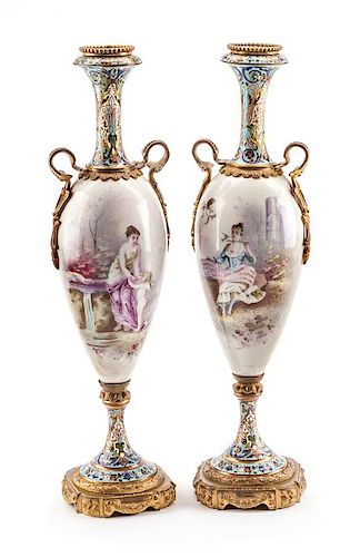 A Pair of French Porcelain and Champleve Urns Height 19 1/2 inches.