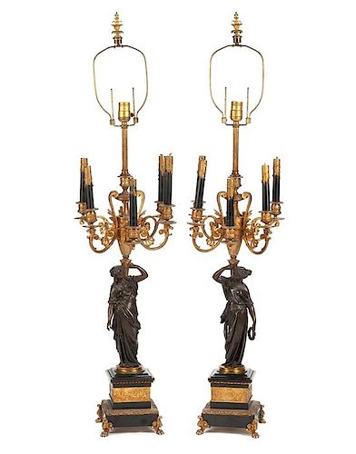 A Pair of French Gilt and Patinated Bronze Candelabra Mounted as Lamps Height of lamp fittings overall 42 inches; height of bron