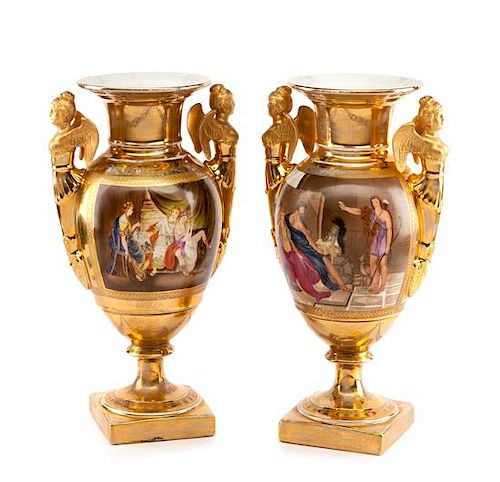 A Pair of Paris Porcelain Vases Height 16 1/2 inches.
