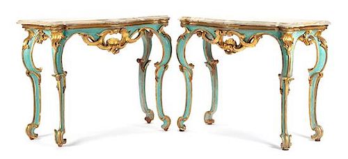 A Pair of Venetian Painted and Parcel Gilt Console Tables Height 34 1/2 x width 45 x depth 21 1/2 inches.
