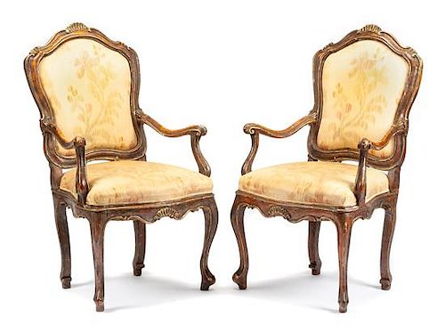 A Pair of Venetian Painted Armchairs Height 43 1/2 inches.
