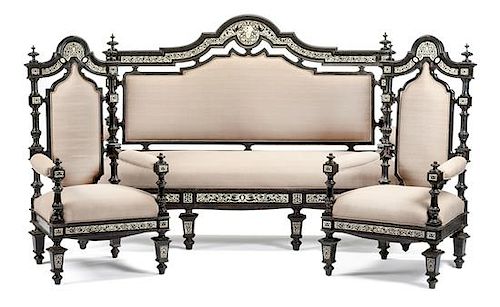An Italian Inlaid and Ebonized Salon Suite Height of sofa 54 1/2 x width 73 x depth 28 inches.