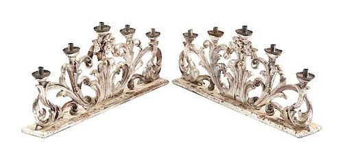 A Pair of Italian Silvered Wood Five-Light Candelabra Width 33 inches.
