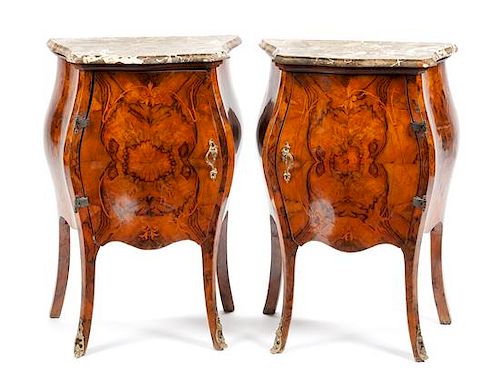 A Pair of Italian Burl Walnut Side Cabinets Height 30 1/2 x width 21 x depth 13 1/2 inches.