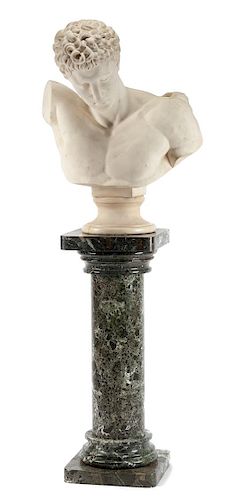 An Italian Marble Bust Height of bust 31 1/2 inches; height of pedestal 37 inches.