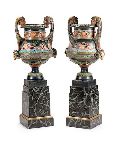 A Pair of Neoclassical Polychrome Decorated Bronze Urns Height overall 58 1/2 inches.