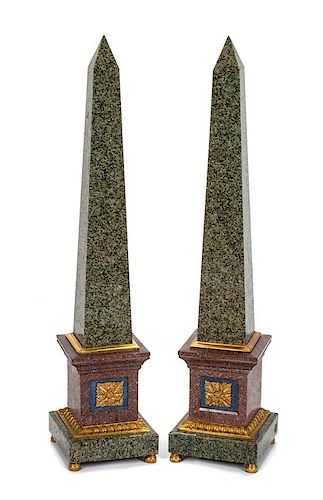 A Pair of Grand Tour Style Bronze Mounted Hardstone Obelisks Height 33 1/2 inches.