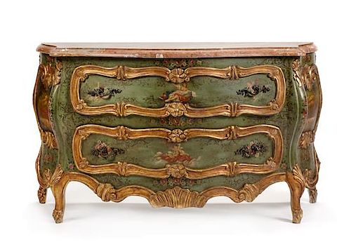 A Venetian Painted and Parcel Gilt Commode Height 34 x width 59 x depth 24 1/4 inches.