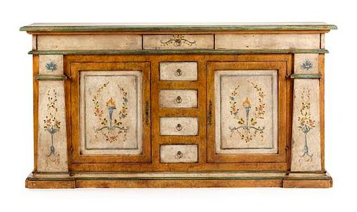A Venetian Style Painted Sideboard Height 43 x width 82 1/2 x depth 19 1/2 inches.