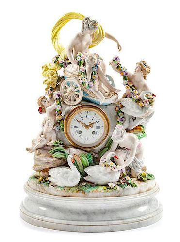A Meissen Porcelain Figural Mantel Clock Height of clock 20 inches; height of base 3 1/2 inches.