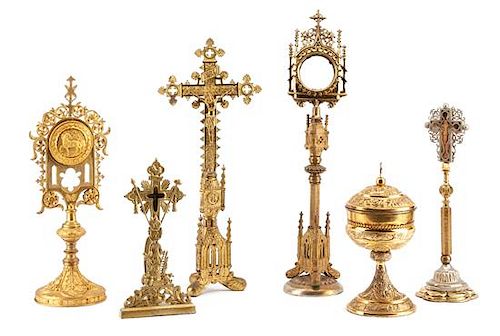 Six Gilt Bronze and Metal Altar Ornaments Height of tallest 23 inches.