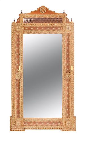 A Moorish Style Mosaic Inlaid Two-Light Girandole Mirror Height 99 1/2 x width 51 inches.