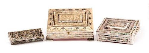 Three Indian or Middle Eastern Mother-of-Pearl Inlaid Boxes Width of widest 12 3/4 inches.