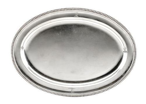 A George III Silver Tray, William Stroud, London, 1802, of oval form with a gadroon rim, the border with engraved crests.
