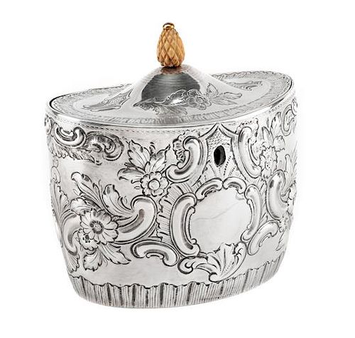 An English Silver Tea Caddy, John Schofield, London, 1794, the oval domed lid with a pinecone finial, the body bearing a vacant
