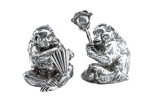 A Pair of Italian Silver-Plate Monkey Figures, Mid-20th Century, each in the form of a seated monkey, one figure holding an umbr
