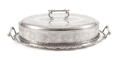 A Silver-Plate Cloche and Tray, Late 19th/Early 20th Century, of oval form, the cloche having a continuous band of circular cart