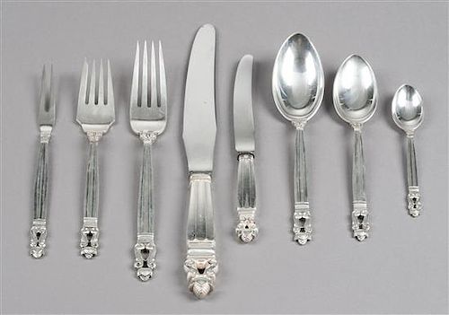 A Danish Silver Flatware Service, Georg Jensen Silversmithy, Copenhagen, 20th Century, Acorn pattern, comprising: 12 dinner kniv