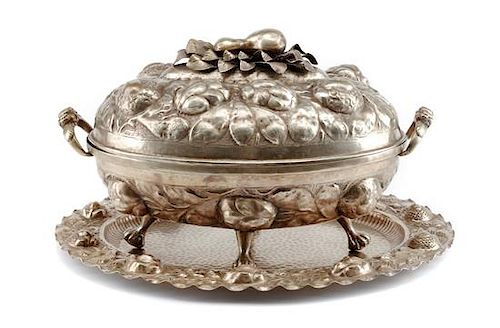 A Portuguese Silver-Plate Tureen on Stand, 20th Century, of oval form with repousse decoration fruit and foliate deocated lid, t