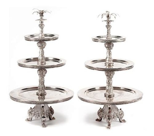 A Pair of Large Silver-Plate Pastry Stands, Likely Italian, 20th Century, each with three graduated circular tiers joined by a f