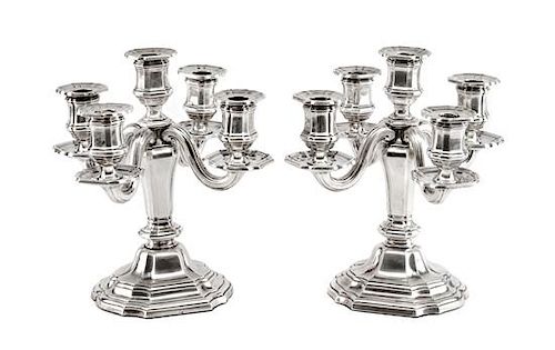 A Pair of French Silver Five-Light Candelabra, Tetard Freres, Paris, Early 20th Century, of paneled baluster form and raised on