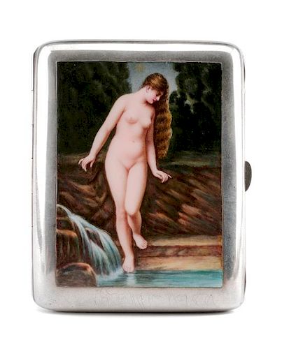 A German Enameled Silver Cigarette Case, Late 19th/Early 20th Century, the lid decorated with a nude figure bathing in a brook.