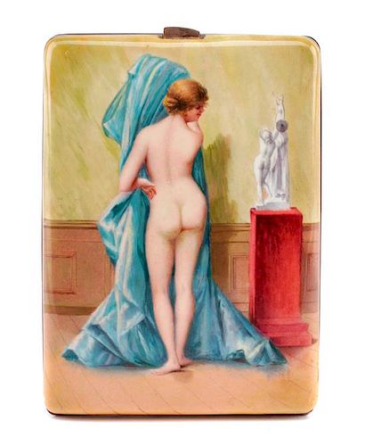 An English Enameled Silver Cigarette Case, Maker's Marks Obscured, the lid enameled to show a nude model.