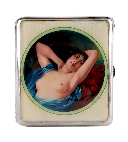 A German Enameled Silver Cigarette Case, Late 19th/Early 20th Century, the guilloche enamel decorated lid centered by a roundel