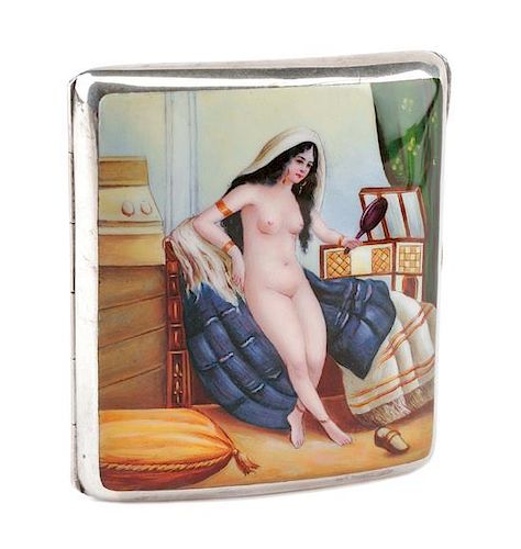An Enameled Silver Cigarette Case, Likely American, Late 19th/Early 20th Century, the lid enameled to show an Orientalist nude f