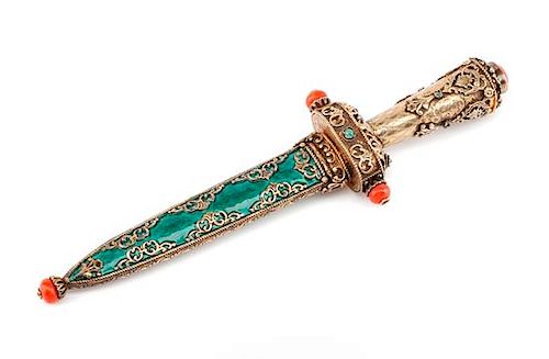 An Eastern European Silvered, Jeweled and Enameled Dagger Length 8 3/4 inches.